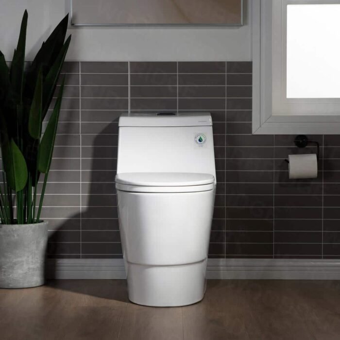 1-Piece 1.28 GPF Dual Flush Elongated Toilet in White with Chrome Button - Image 2