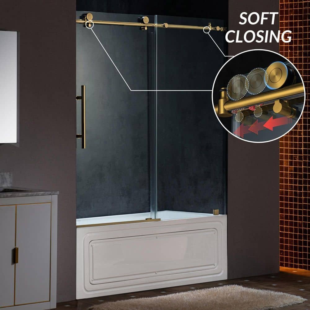 60 in. W x 62 in. H Sliding Frameless Tub Door in Brushed Gold with Soft Close System and 3/8 in. Clear Glass