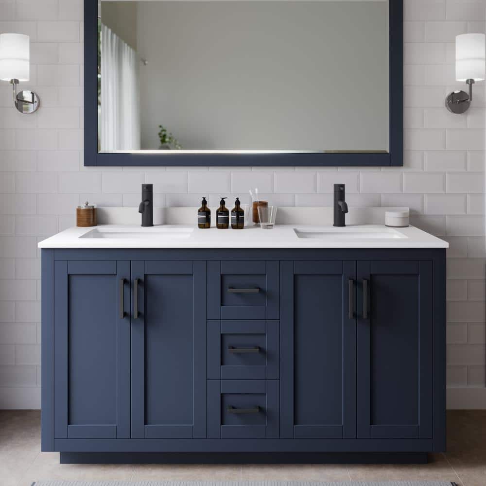 Miranda 60 in. W Double Bath Vanity in Dark Blue with Cultured Marble Vanity Top in White with White Basins and Mirror