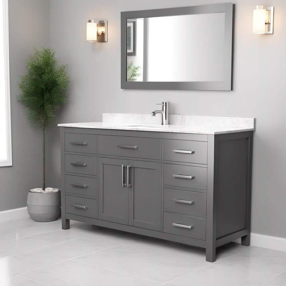 Beckett 60 in. W x 22 in. D Single Bath Vanity in Dark Gray with Cultured Marble Vanity Top in Carrara with White Basin - Image 2