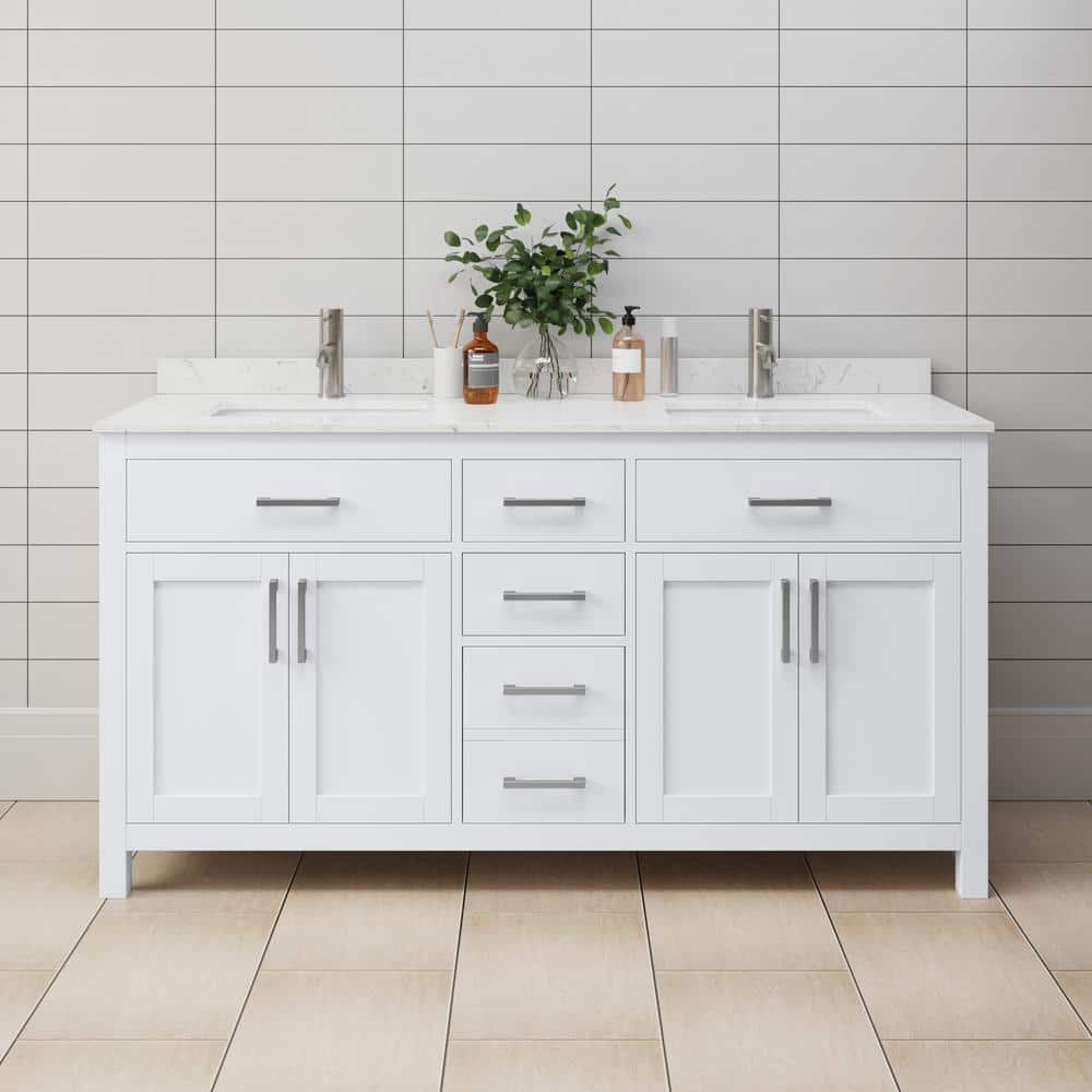 Beckett 66 in. W x 22 in. D Double Vanity in White with Cultured Marble Vanity Top in Carrara with White Basins