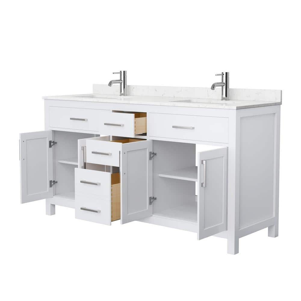 Beckett 66 in. W x 22 in. D Double Vanity in White with Cultured Marble Vanity Top in Carrara with White Basins - Image 4