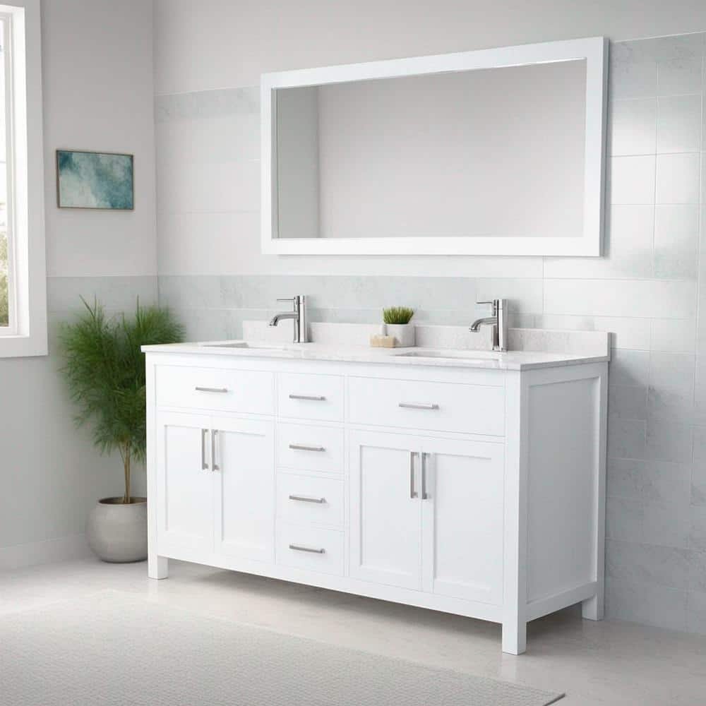 Beckett 66 in. W x 22 in. D Double Vanity in White with Cultured Marble Vanity Top in Carrara with White Basins - Image 2