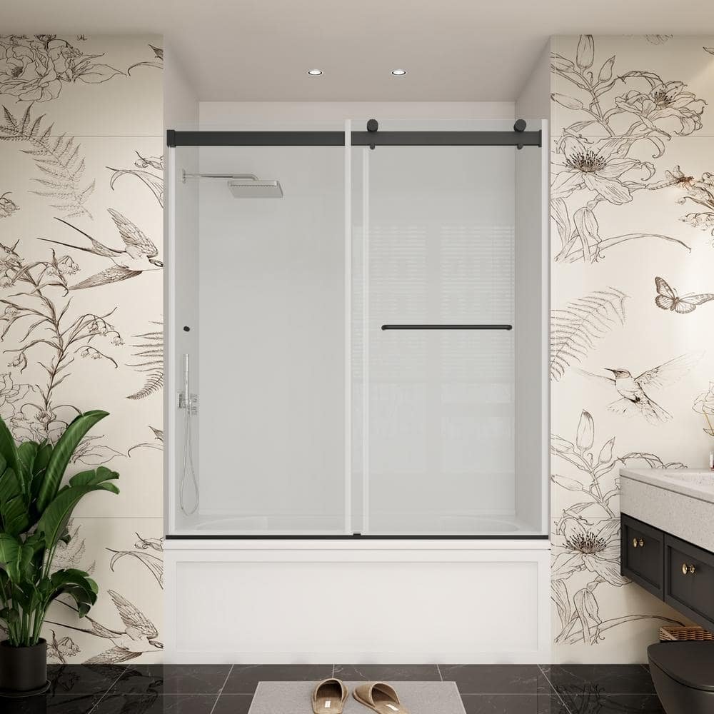 60 in. W x 66 in. H Double Sliding Frameless Bypass Bath Tub Door in Matte Black with Easy-Clean Clear Glass