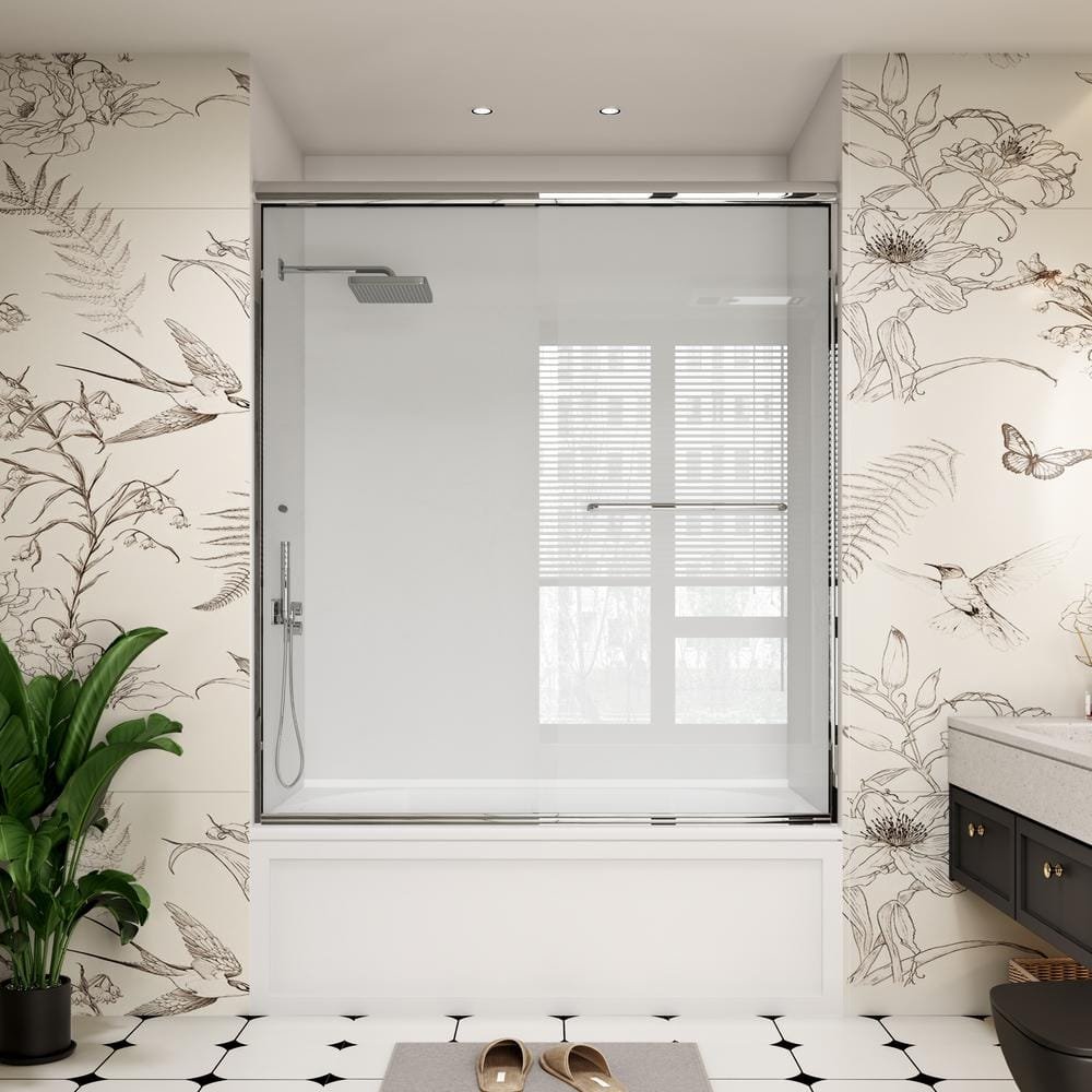 60 in. W x 66 in. H Double Sliding Framed Bypass Bathroom Tub Door in Chrome with Easy-Clean Clear Glass