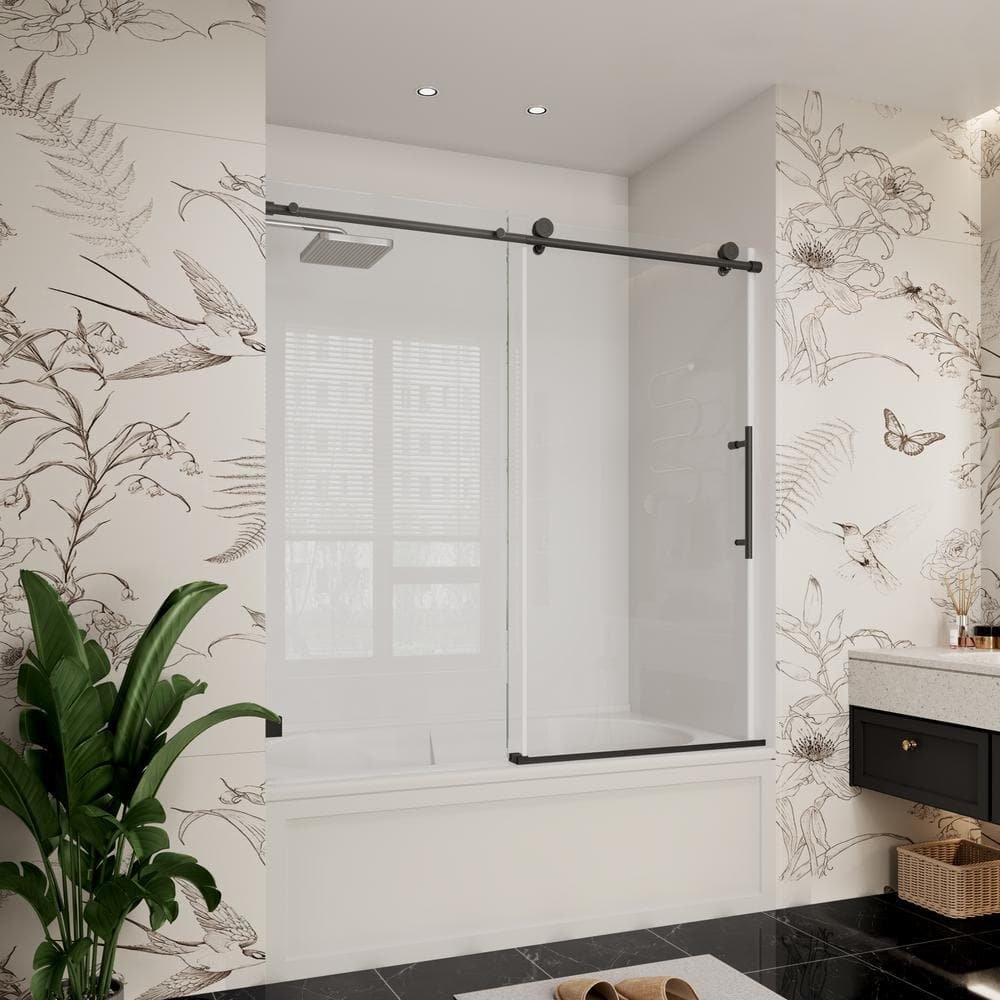 60 in. W x 66 in. H Single Sliding Frameless Soft Close Bypass Bathroom Tub Door in Matte Black with Easy-Clean Glass - Image 2